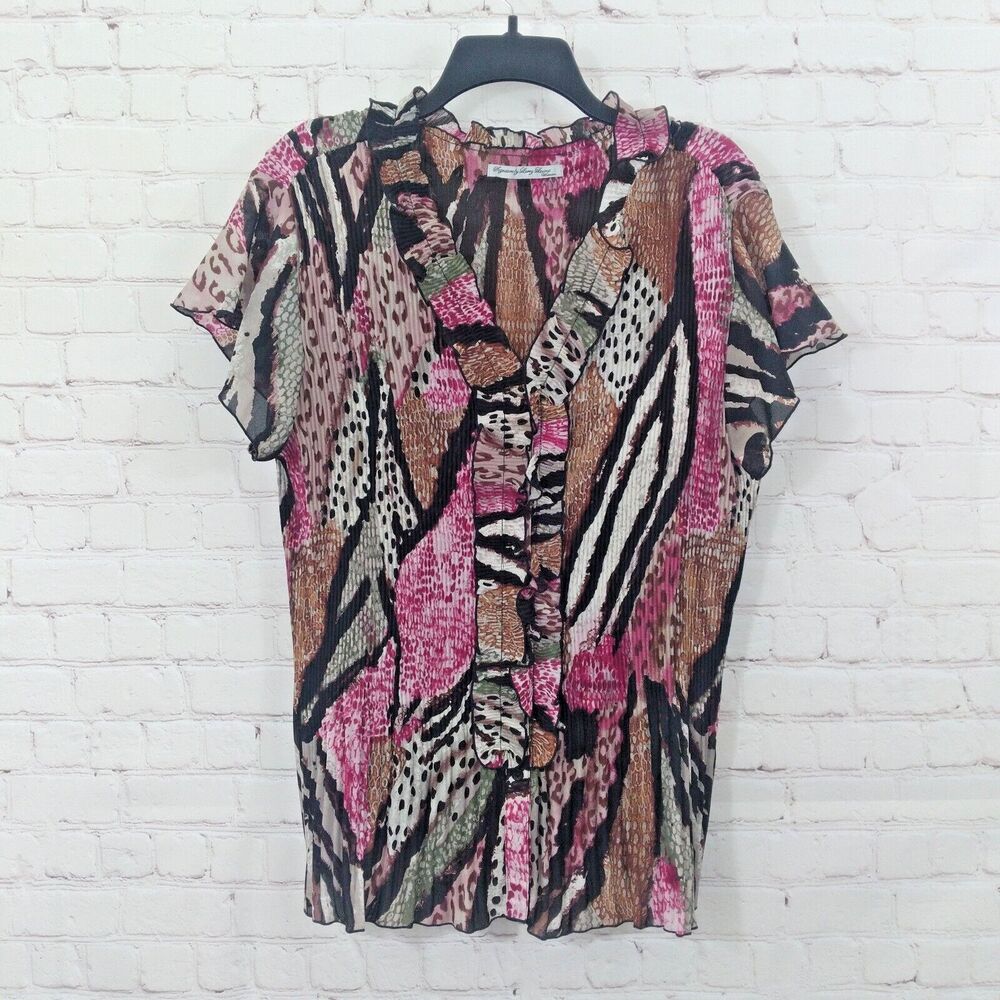 Signature by Larry Levine Blouse Womens 2X Animal Print Ruffle Front Pleated Top